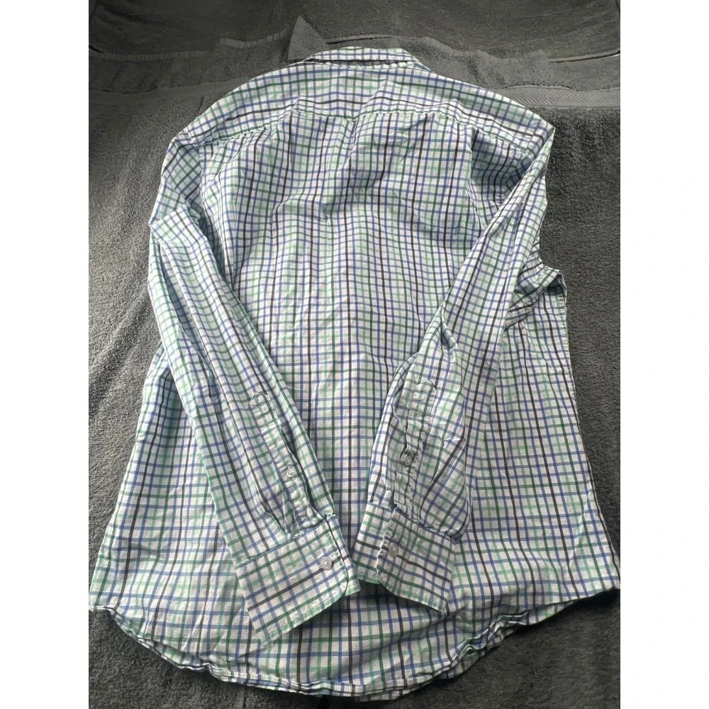 J Crew Flex Washed Classic Fit Plaid‎ Button Down Shirt Mens Large Blue Green